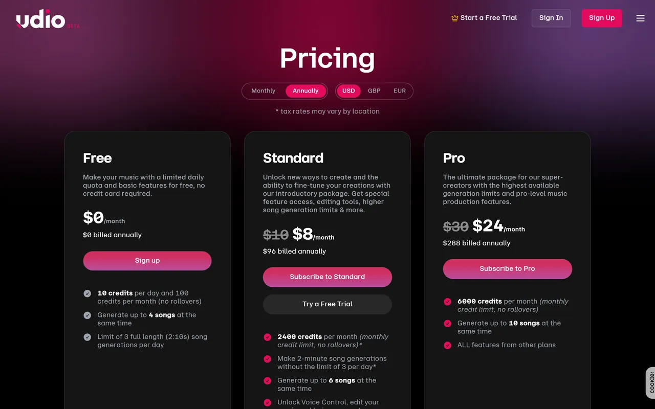 Page de tarifs Udio en facturation annuelle avec trois offres, Free à 0 dollar, Standard à 8 dollars barré à 10 et Pro à 24 dollars barré à 30, listant les crédits mensuels et les générations simultanées sans aucune mention du téléchargement