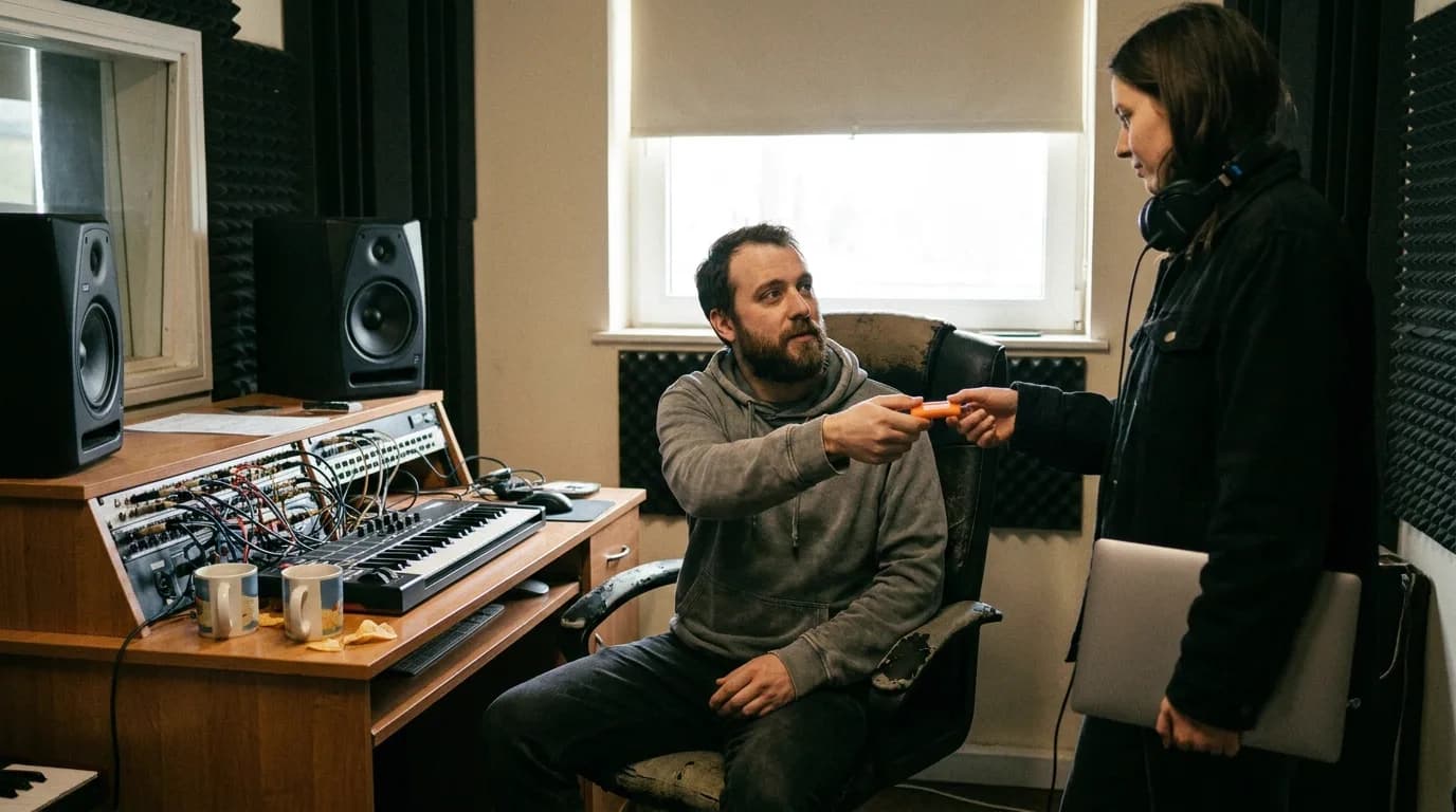Dans un petit studio de musique le matin, un homme en sweat gris pivote sur sa chaise devant la console et tend une clé USB orange à une femme debout, ordinateur portable sous le bras et casque autour du cou