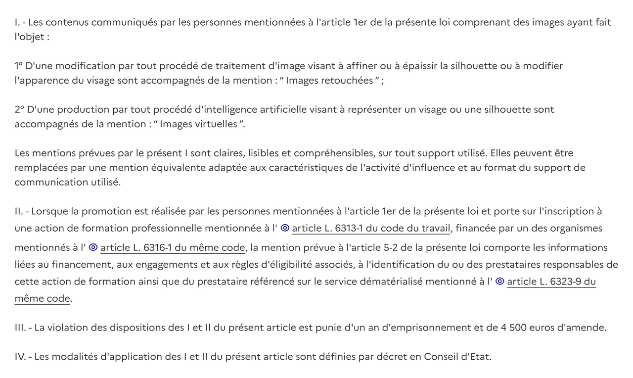 Article 5 de la loi du 9 juin 2023 sur Légifrance, imposant la mention Images retouchées pour une silhouette ou un visage modifiés et la mention Images virtuelles pour une image produite par un procédé d'intelligence artificielle, avec une peine d'un an d'emprisonnement et 4 500 euros d'amende