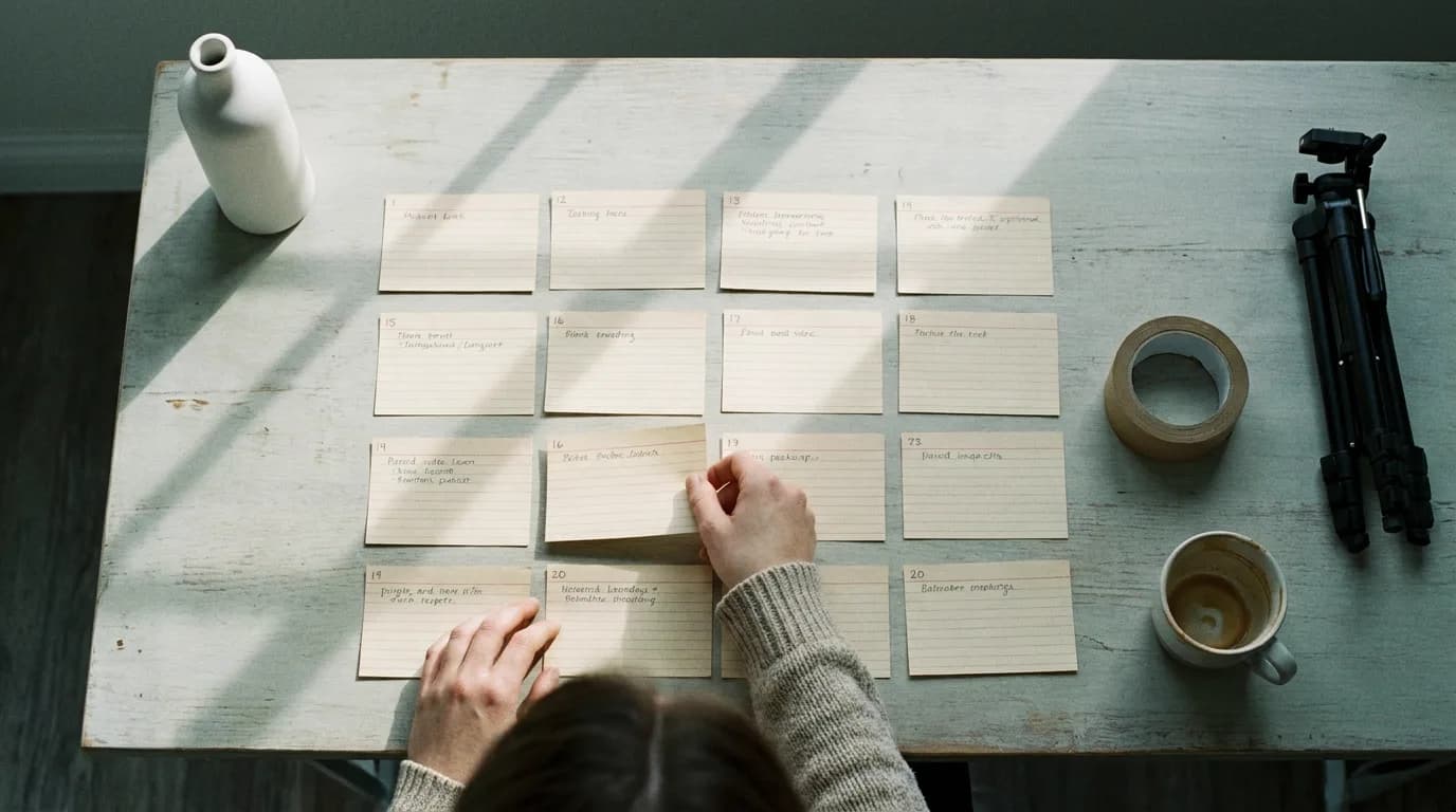 Vue du dessus d'une table de travail en bois clair avec quatre rangées de fiches numérotées manuscrites, un flacon blanc, un trépied de téléphone plié et un mug, pendant qu'une main retire une fiche de sa rangée