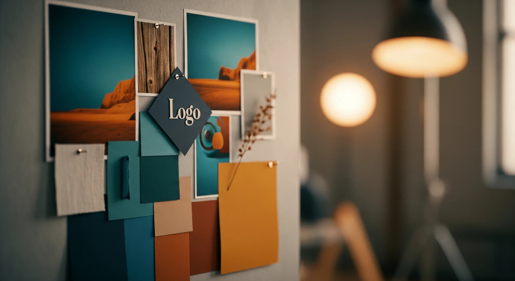 Créer un univers visuel de marque avec l'IA, un mur de moodboard de marque aux visuels cohérents, palette de couleurs et logo, studio créatif soigné, lumière chaude
