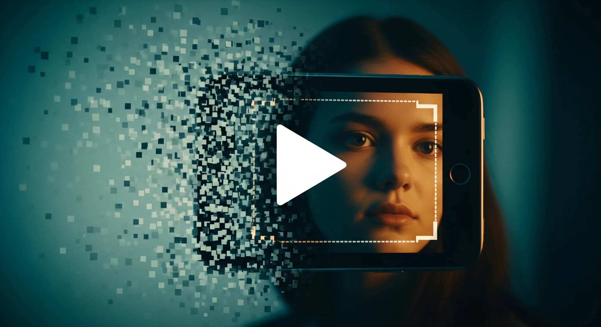 Upscale vidéo IA, une image de vidéo gagnant en détail et en netteté, concept haute résolution, ambiance tech premium, lumière froide