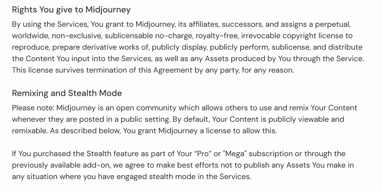 Extrait des conditions d'utilisation de Midjourney, sections Rights You give to Midjourney et Remixing and Stealth Mode, indiquant que le contenu est public et remixable par défaut