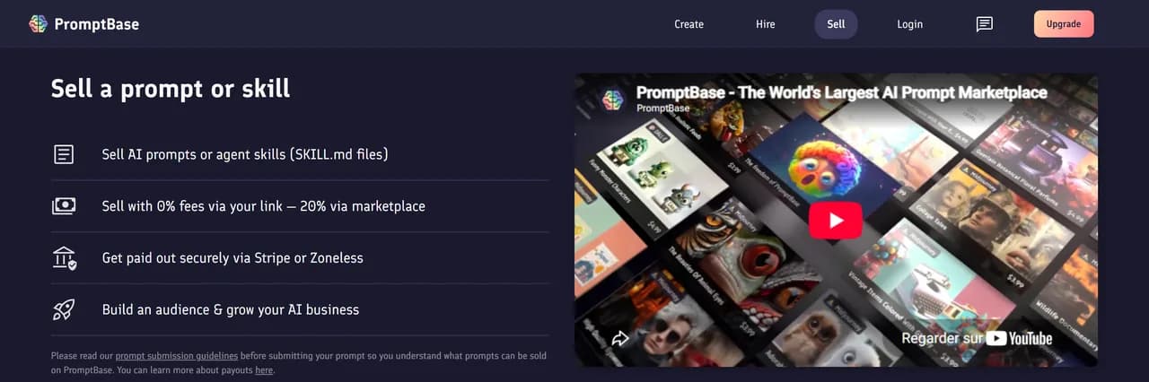 Page Sell de PromptBase listant : vendre des prompts ou des skills, 0 % de frais via ton lien et 20 % via la place de marché, paiement par Stripe ou Zoneless