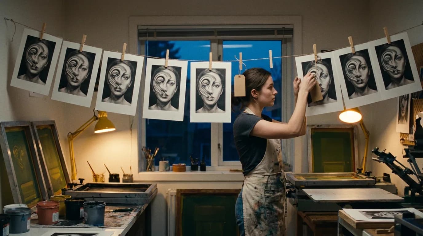Atelier de sérigraphie au crépuscule, une jeune femme en tablier taché d'encre accroche une étiquette kraft à l'un des tirages qui sèchent sur un fil, une dizaine de variations du même portrait surréaliste suspendues à des pinces en bois, lampes tungstène et fenêtre bleue derrière