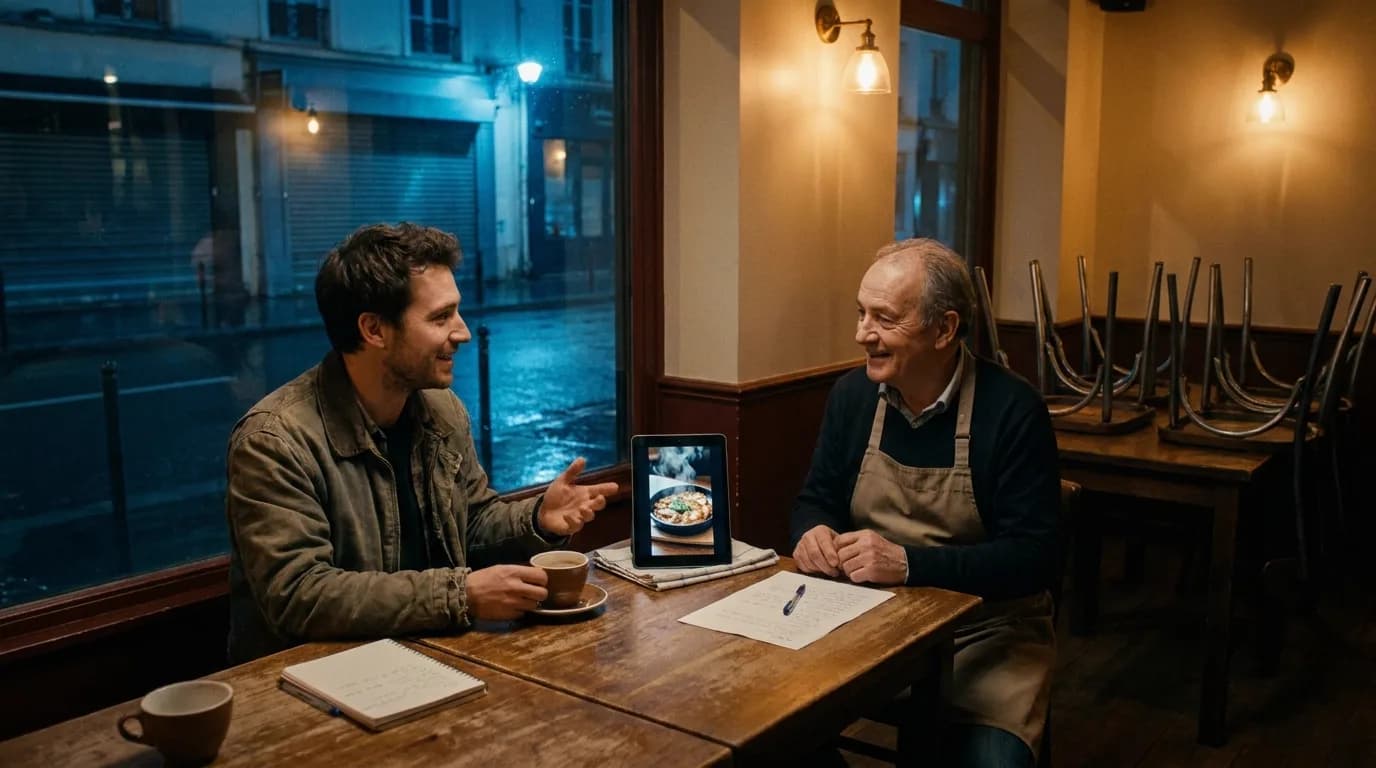 Vidéaste freelance et patron de bistro attablés après le service, une vidéo verticale du plat sur une tablette et un devis imprimé posé entre eux