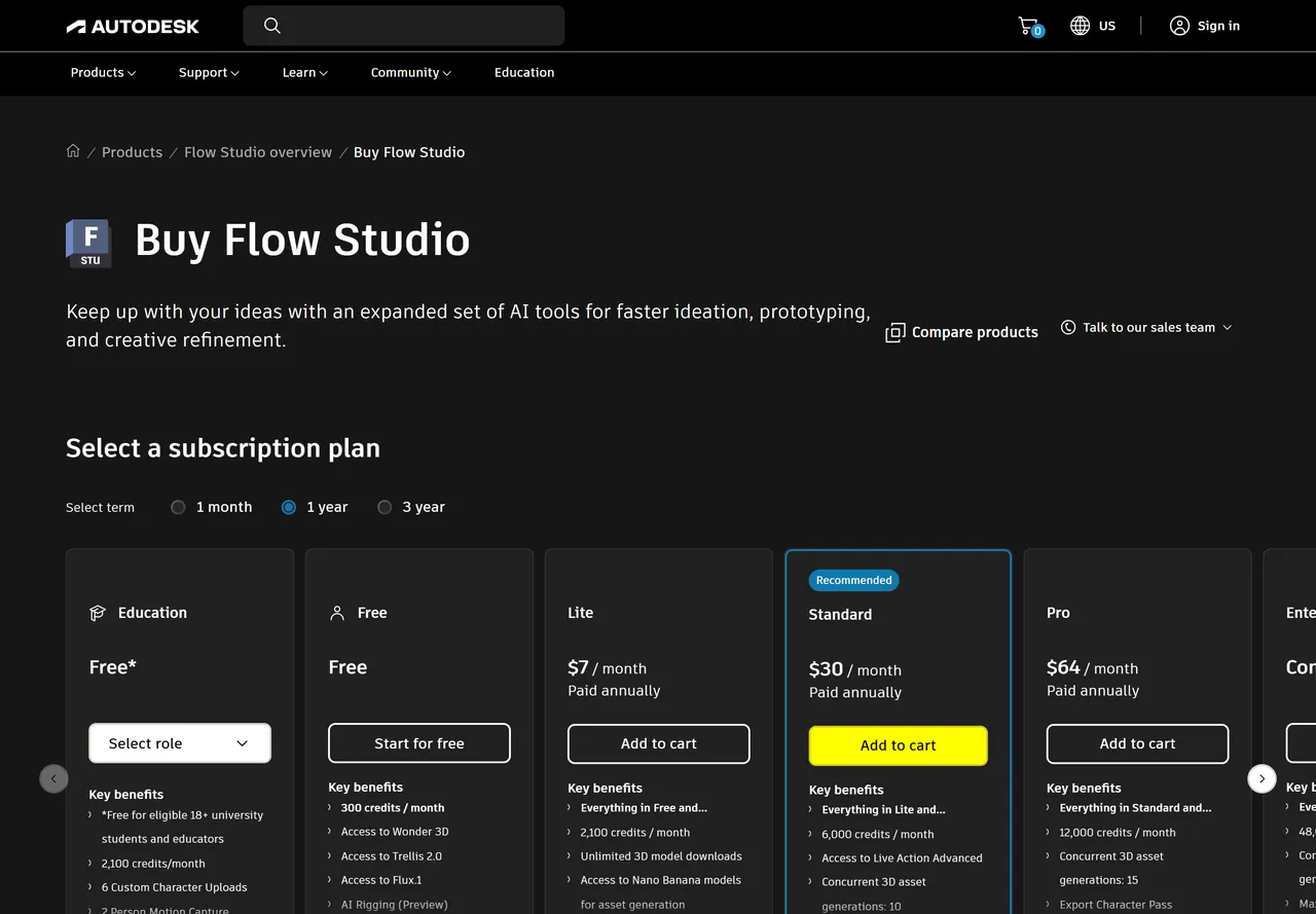 Page Buy Flow Studio d'Autodesk avec le sélecteur de durée réglé sur un an et cinq colonnes de plans : Education gratuit pour les étudiants, Free à 0 dollar avec 300 crédits par mois, Lite à 7 dollars par mois, Standard à 30 dollars par mois marqué Recommended avec accès à Live Action Advanced, et Pro à 64 dollars par mois