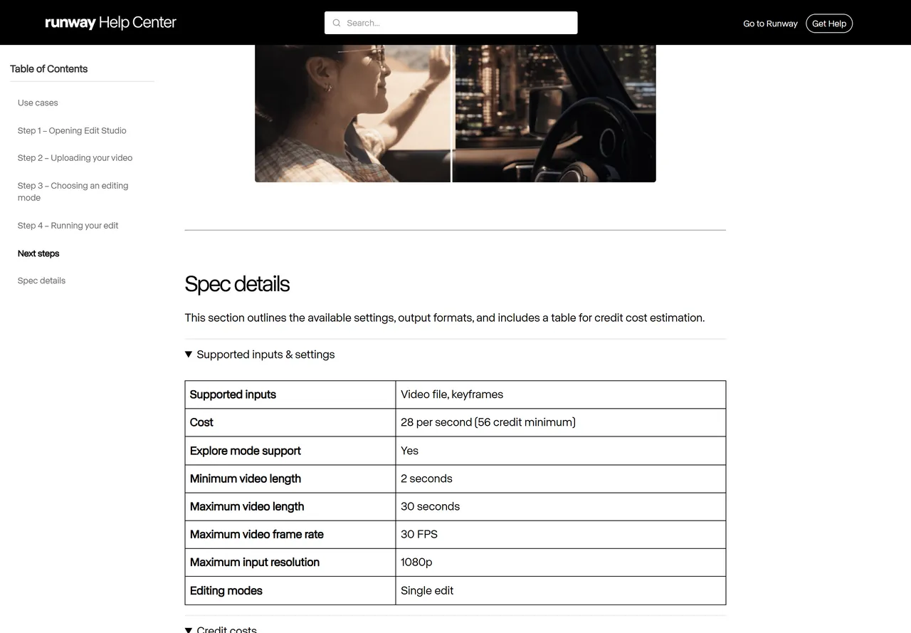 Section Spec details de la page Creating with Edit Studio du centre d'aide Runway, avec le tableau indiquant un coût de 28 crédits par seconde et 56 crédits minimum, une durée de vidéo de 2 à 30 secondes, 30 images par seconde maximum, une résolution d'entrée de 1080p maximum et un seul mode d'édition, Single edit