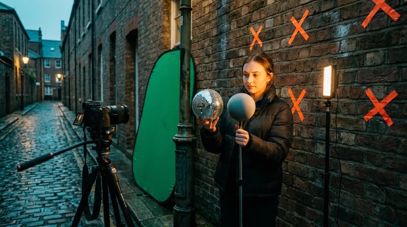 Tournage à petit budget dans une ruelle pavée à l'heure bleue, une jeune femme en doudoune noire tient une boule chromée et une sphère grise sur une perche devant un appareil hybride sur trépied, croix de ruban orange collées comme marqueurs de tracking sur le mur de brique humide, fond vert replié contre un lampadaire, panneau LED sur pied