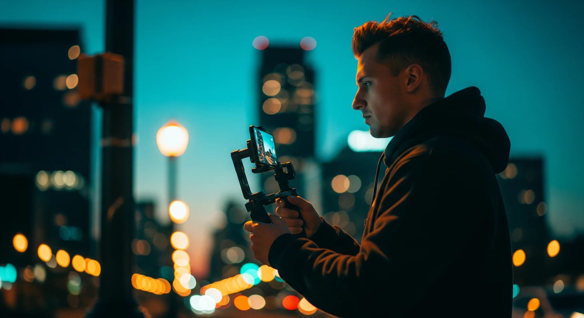 Vidéo courte IA pour TikTok Reels et Shorts, créateur filmant une vidéo verticale percutante, rig téléphone, lumière urbaine du soir, énergie dynamique