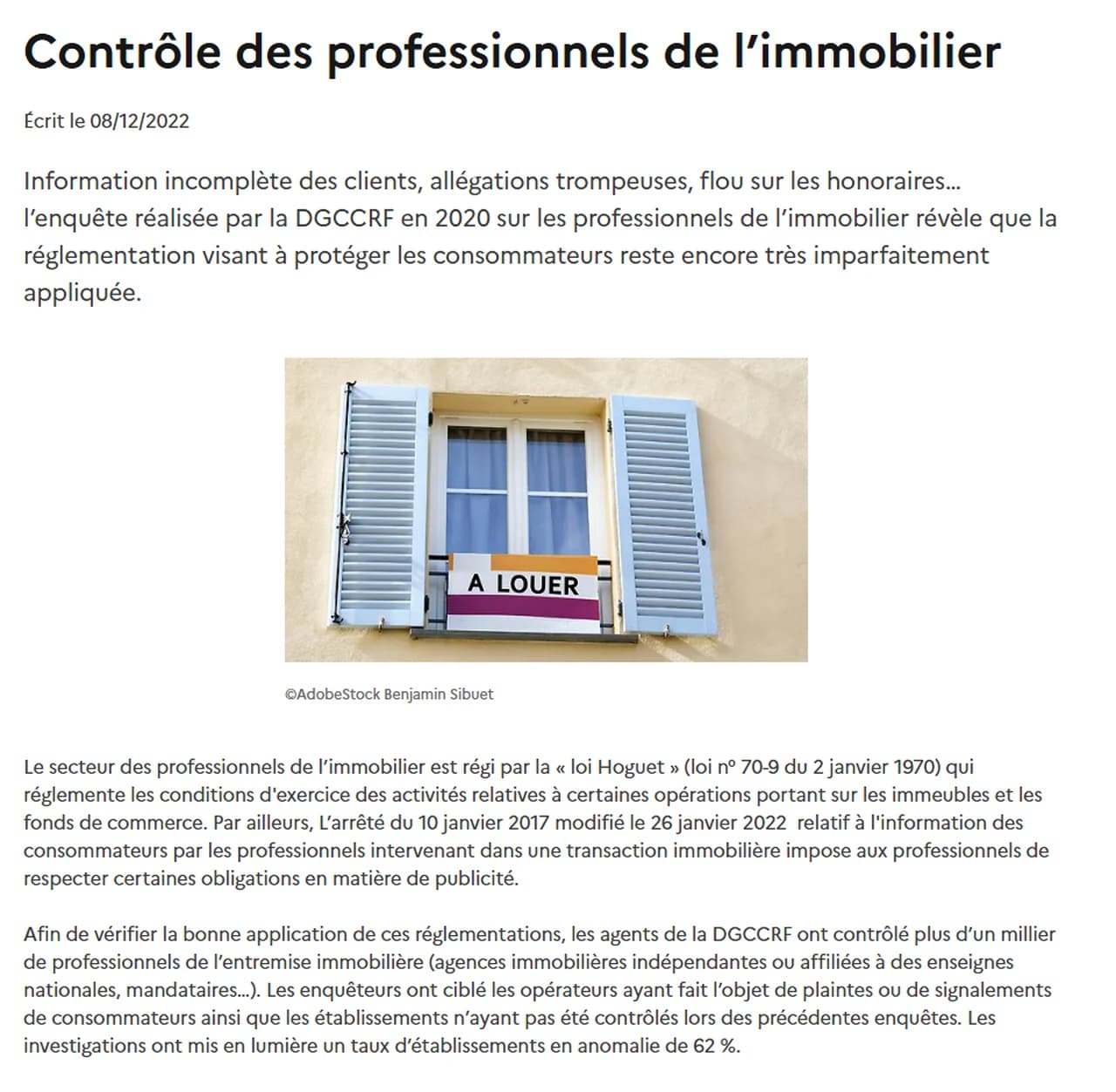 Page de la DGCCRF intitulée Contrôle des professionnels de l'immobilier, indiquant un taux d'établissements en anomalie de 62 % lors de l'enquête menée en 2020