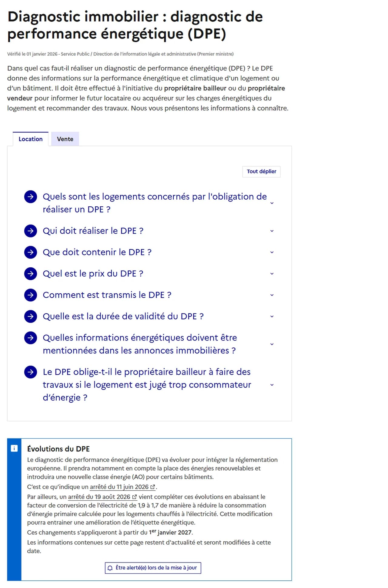 Fiche Service Public sur le diagnostic de performance énergétique, avec un encadré Évolutions du DPE annonçant une nouvelle classe énergie AO et un facteur de conversion de l'électricité abaissé de 1,9 à 1,7 à partir du 1er janvier 2027
