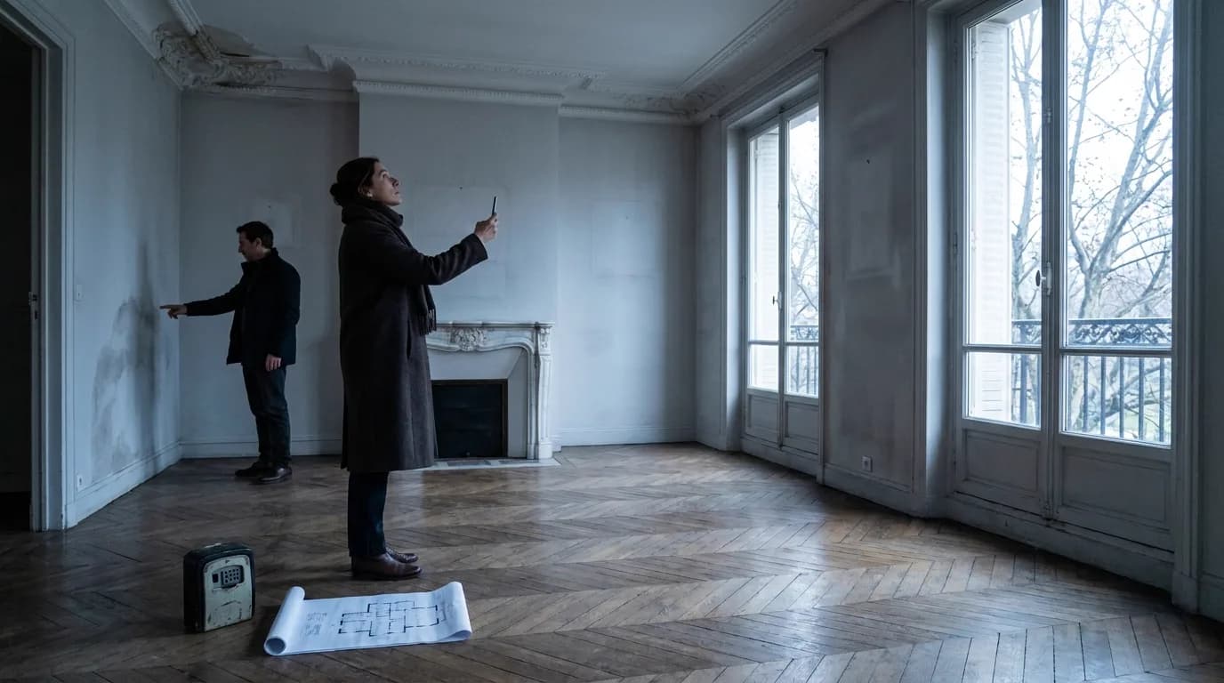 Appartement parisien vide un matin d'hiver, parquet à bâtons rompus et cheminée en marbre, une femme de profil lève son téléphone vers la moulure du plafond pendant qu'un homme désigne une trace d'humidité sur le mur