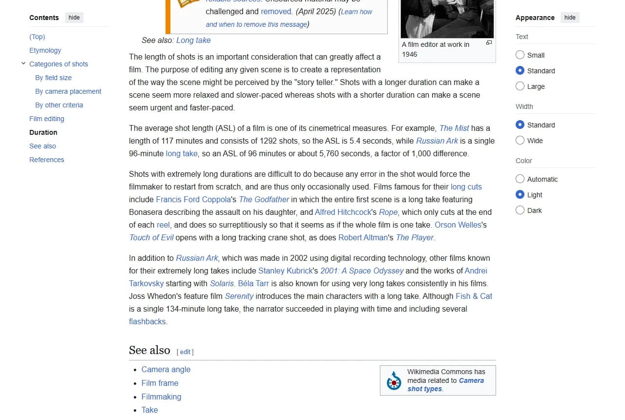 Article Wikipédia en anglais sur les plans de cinéma, section Duration : la longueur moyenne de plan y est présentée comme une mesure cinémétrique, avec The Mist à 117 minutes pour 1 292 plans soit 5,4 secondes, et L'Arche russe en un seul plan de 96 minutes