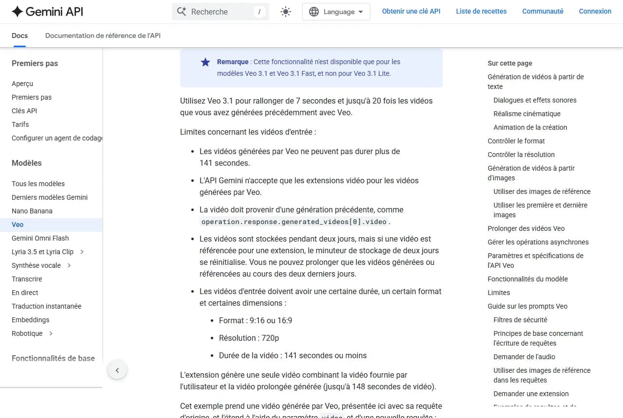 Documentation Veo de l'API Gemini en français, section Prolonger des vidéos Veo : rallonger de 7 secondes et jusqu'à 20 fois, vidéos d'entrée de 141 secondes maximum en 720p et en 9:16 ou 16:9, stockage de deux jours, et une remarque qui exclut Veo 3.1 Lite