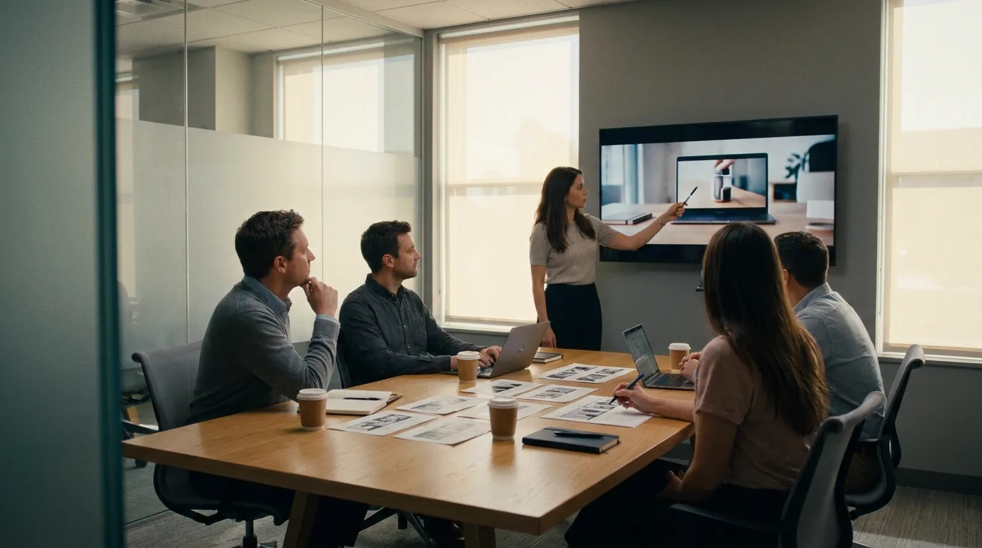 Réunion d'équipe marketing en fin de matinée, une vidéo produit projetée sur l'écran mural, storyboards imprimés posés sur la table