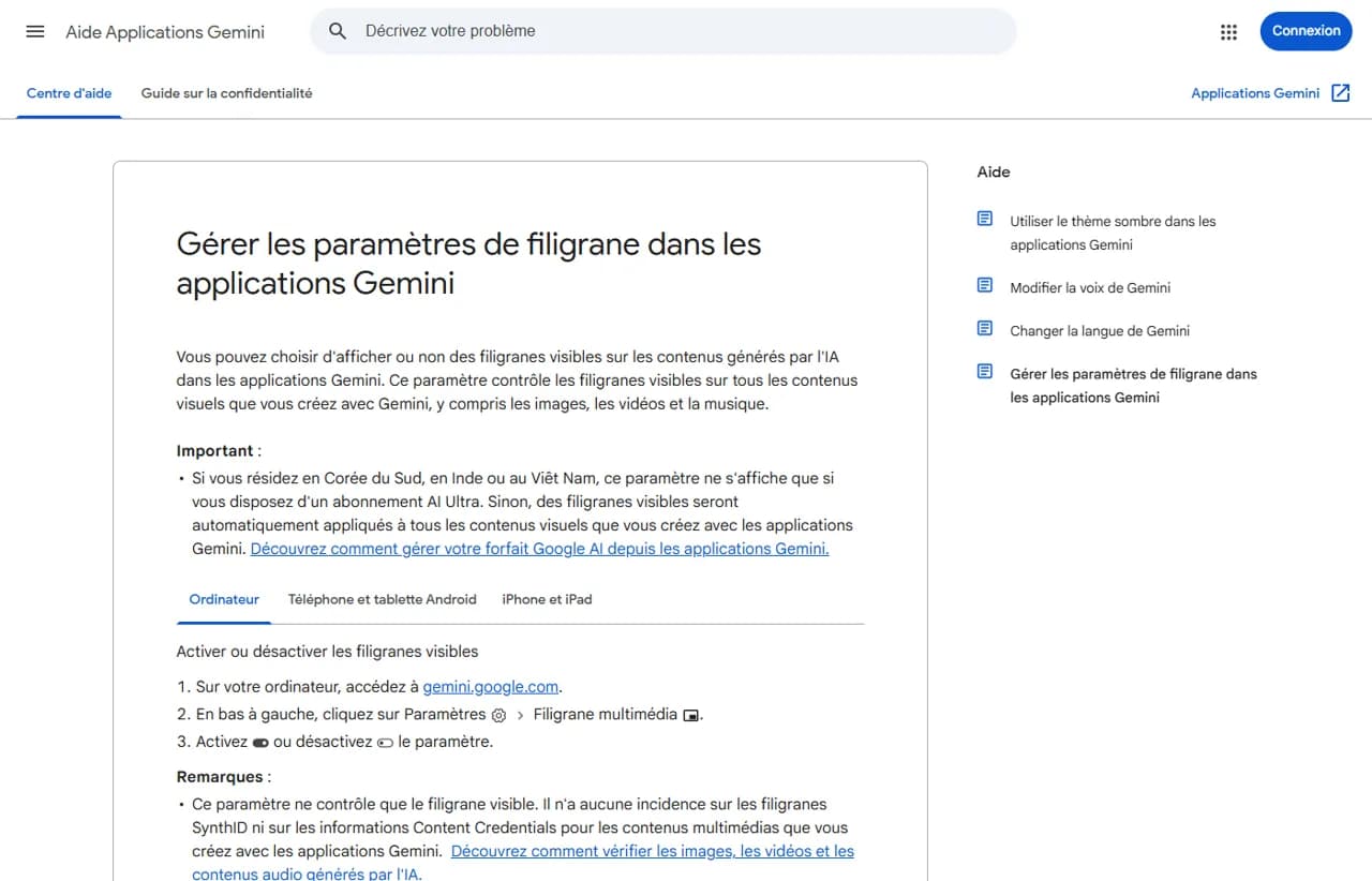 Page d'aide Google en français intitulée Gérer les paramètres de filigrane dans les applications Gemini : le réglage contrôle les filigranes visibles sur les images, vidéos et musique, il n'apparaît qu'avec AI Ultra en Corée du Sud, en Inde et au Viêt Nam, et une remarque précise qu'il n'a aucune incidence sur SynthID ni sur les Content Credentials