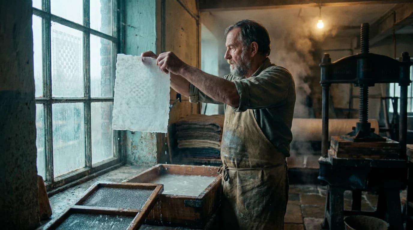 Dans un vieux moulin à papier au petit matin, un papetier barbu en tablier de toile lève une feuille de papier encore humide contre une haute fenêtre, et la lumière fait apparaître un filigrane pâle dans la pâte, avec une cuve et une forme en bois qui ruisselle au premier plan