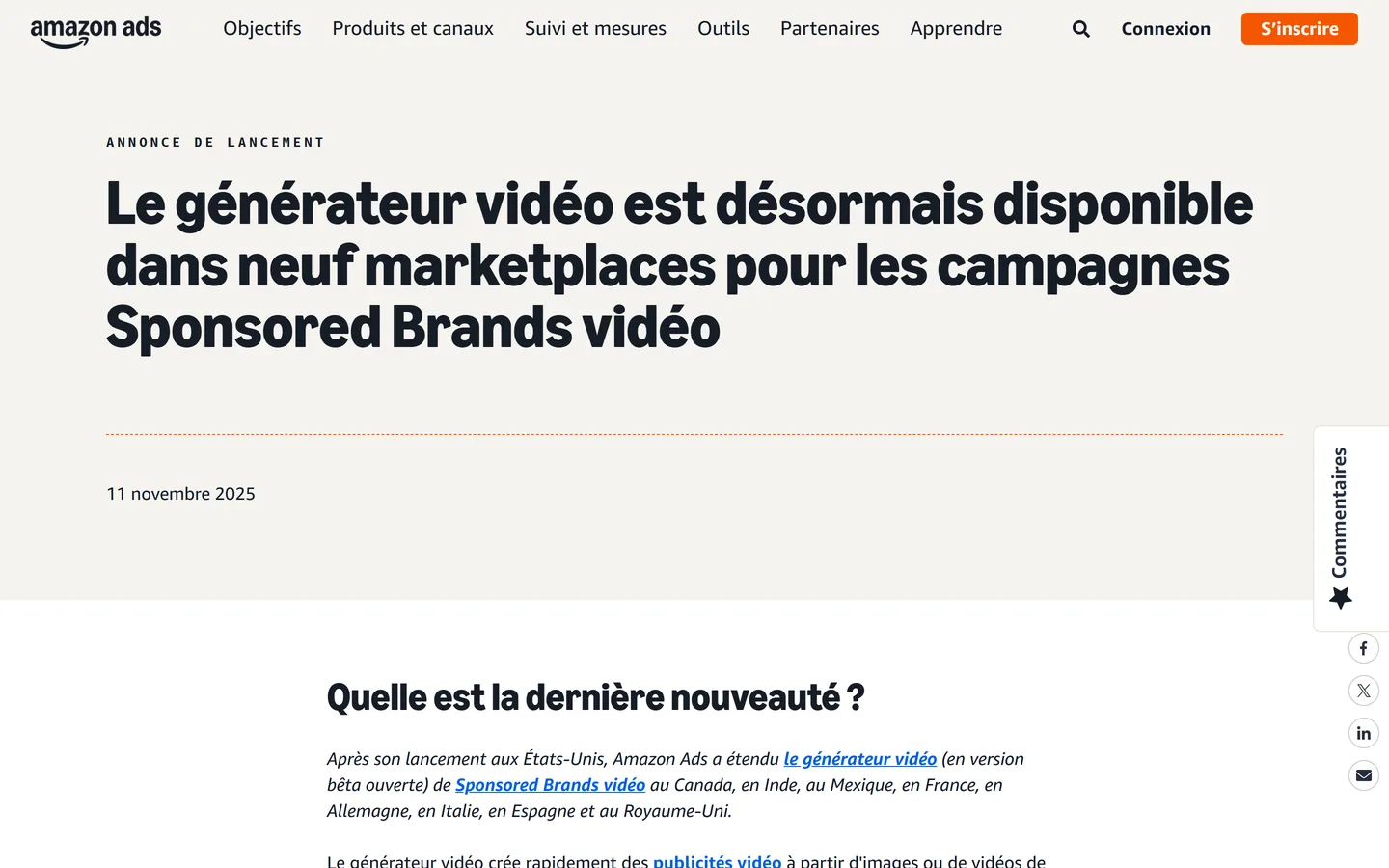 Annonce Amazon Ads du 11 novembre 2025 : le générateur vidéo est désormais disponible dans neuf marketplaces pour les campagnes Sponsored Brands vidéo, avec le paragraphe précisant l'extension en version bêta ouverte au Canada, en Inde, au Mexique, en France, en Allemagne, en Italie, en Espagne et au Royaume-Uni