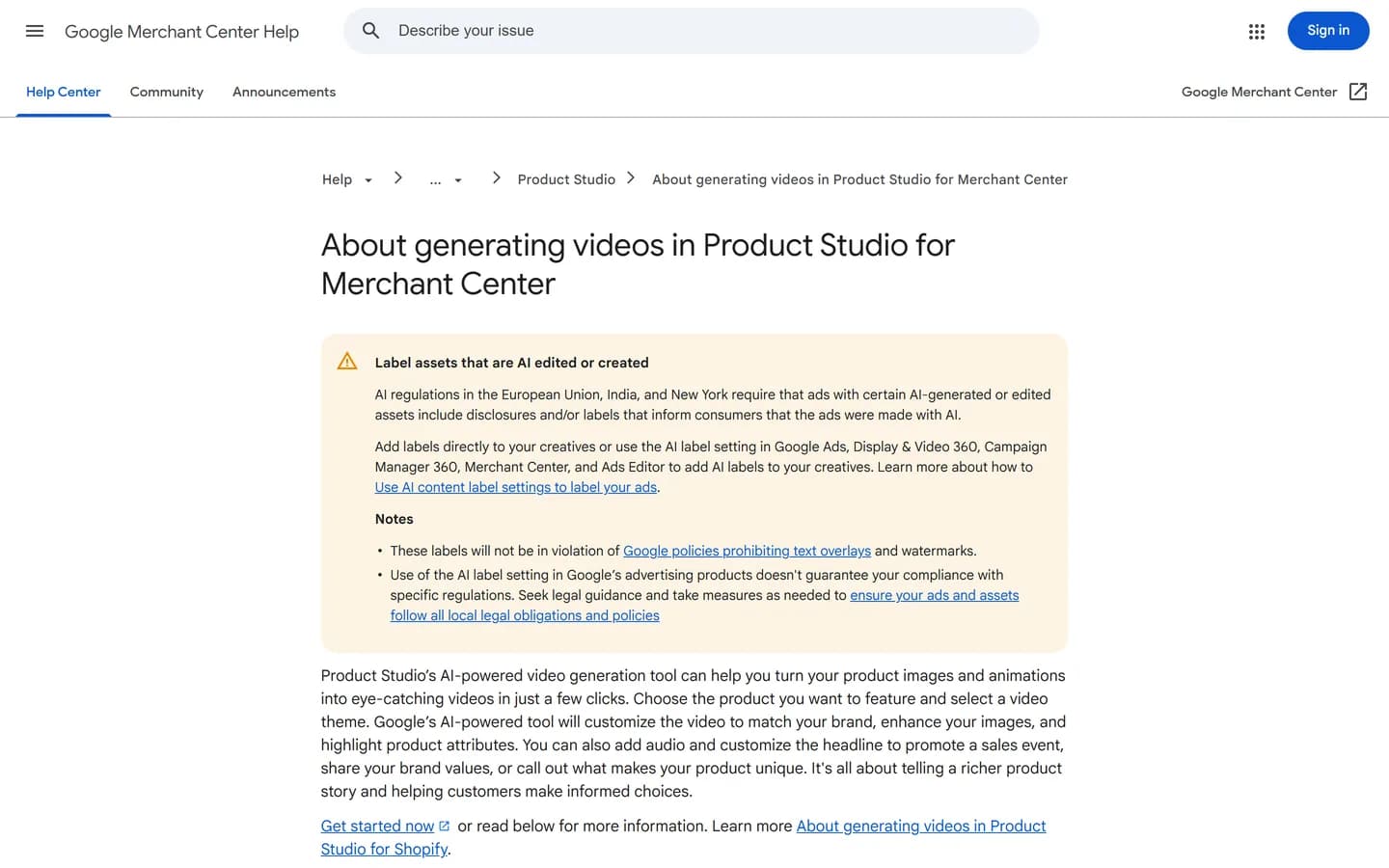 Page d'aide Google Merchant Center About generating videos in Product Studio, avec un encadré d'avertissement Label assets that are AI edited or created indiquant que les réglementations sur l'IA dans l'Union européenne, en Inde et à New York imposent des mentions ou labels pour certaines publicités contenant des éléments générés ou modifiés par IA