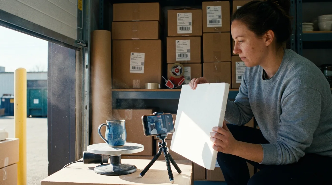 Réserve d'une petite marque de céramique en début d'après-midi, une femme en sweat gris accroupie à côté d'un plateau tournant motorisé filme un mug émaillé bleu avec un smartphone fixé sur un mini trépied, panneau de mousse blanche tenu à deux mains pour renvoyer la lumière de la porte de quai ouverte, cartons d'expédition étiquetés et rouleau de kraft sur les étagères derrière elle