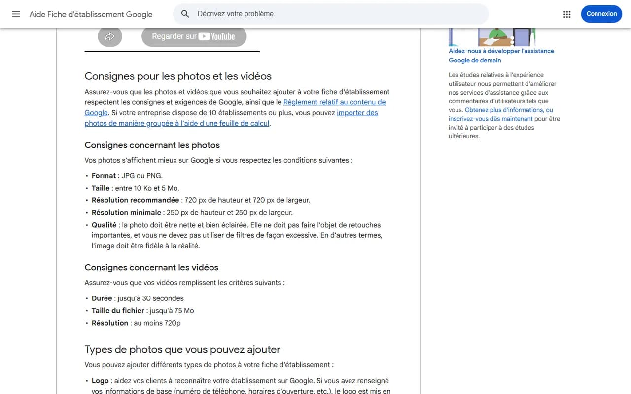 Page d'aide Google listant les consignes photos et vidéos d'une fiche d'établissement, avec la durée de 30 secondes, la taille de 75 Mo et la résolution minimale de 720p