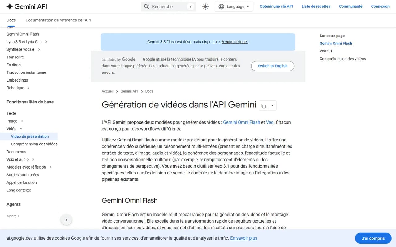 Documentation de l'API Gemini sur la génération vidéo, comparant Gemini Omni Flash et Veo 3.1 avec leurs cas d'usage respectifs