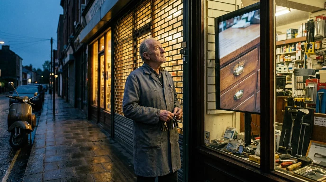 Un quincaillier âgé en blouse grise, debout sur le trottoir mouillé devant sa boutique à l'heure bleue, trousseau de clés à la main, lève les yeux vers l'écran installé dans sa vitrine qui diffuse un plan serré de son propre comptoir en bois, rideau métallique à moitié baissé et scooter garé au bord du caniveau