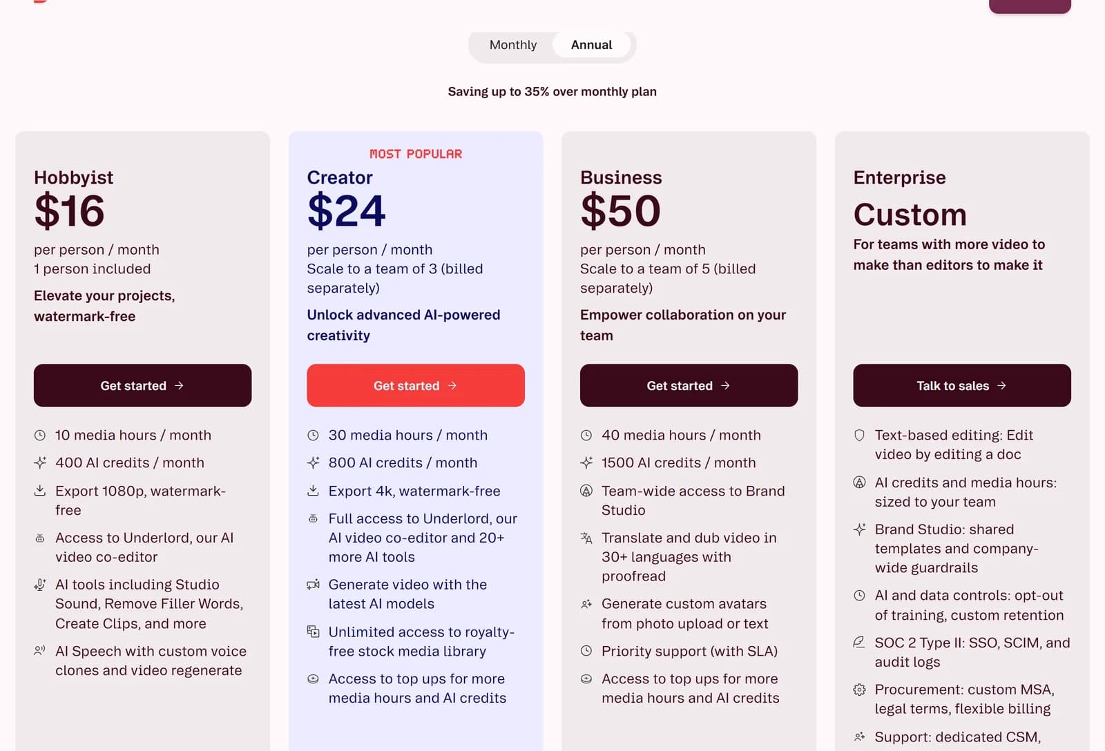 Page de tarifs Descript en facturation annuelle : plan Hobbyist à 16 dollars par personne et par mois avec 10 heures de média et 400 crédits IA, plan Creator à 24 dollars avec 30 heures de média et export 4K, plan Business à 50 dollars avec 40 heures de média, traduction et doublage dans plus de 30 langues avec relecture, plan Enterprise sur devis