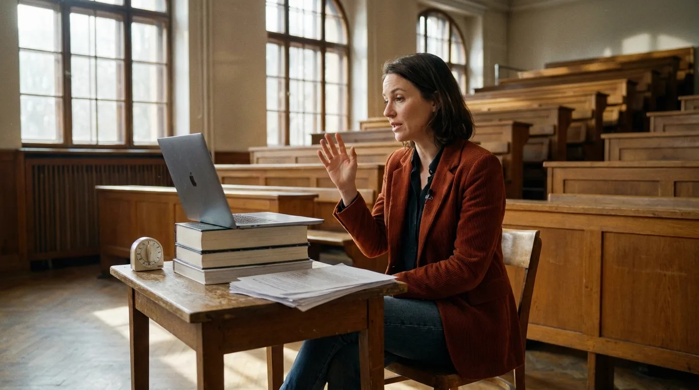Formatrice en blazer rouille assise de profil à une petite table en bois poussée contre les hautes fenêtres d'un amphithéâtre vide, un ordinateur portable surélevé sur une pile de livres à hauteur de regard, la main levée en plein geste d'explication, minuteur mécanique et liasse de pages imprimées sur la table, rangées de bancs de bois floues derrière elle