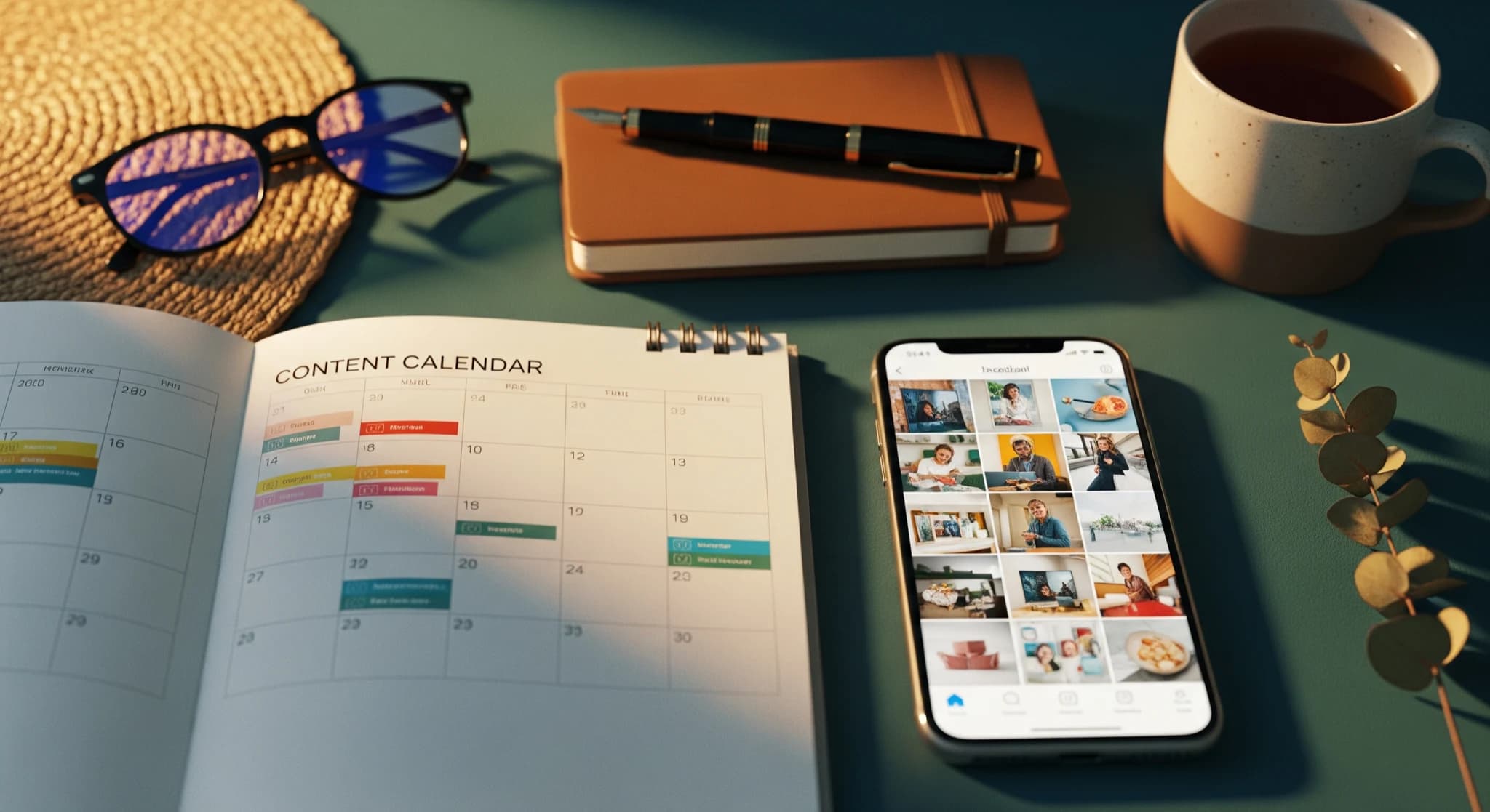 Un mois de visuels réseaux sociaux avec l'IA, mise à plat d'un calendrier de contenu et d'un téléphone affichant une grille cohérente de visuels sociaux